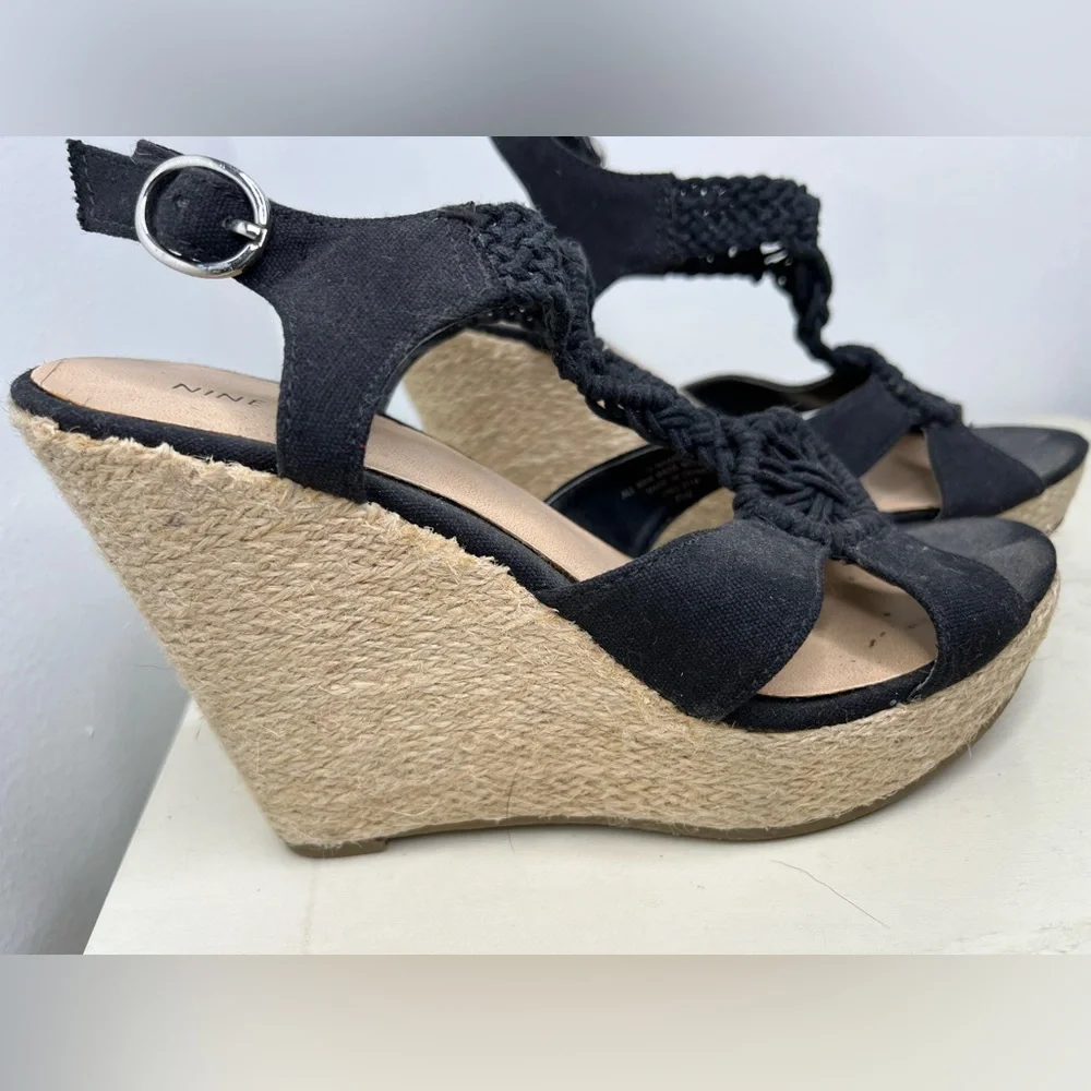 Nine West MAXIE3Y Black Canvas Espadrille Wedge Sandals